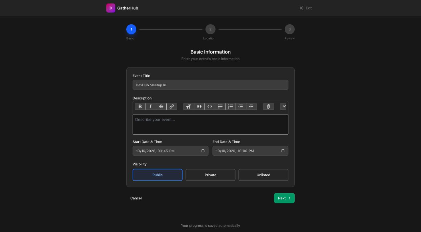 Event wizard step 1, Basic Information, with title, description, dates and visibility