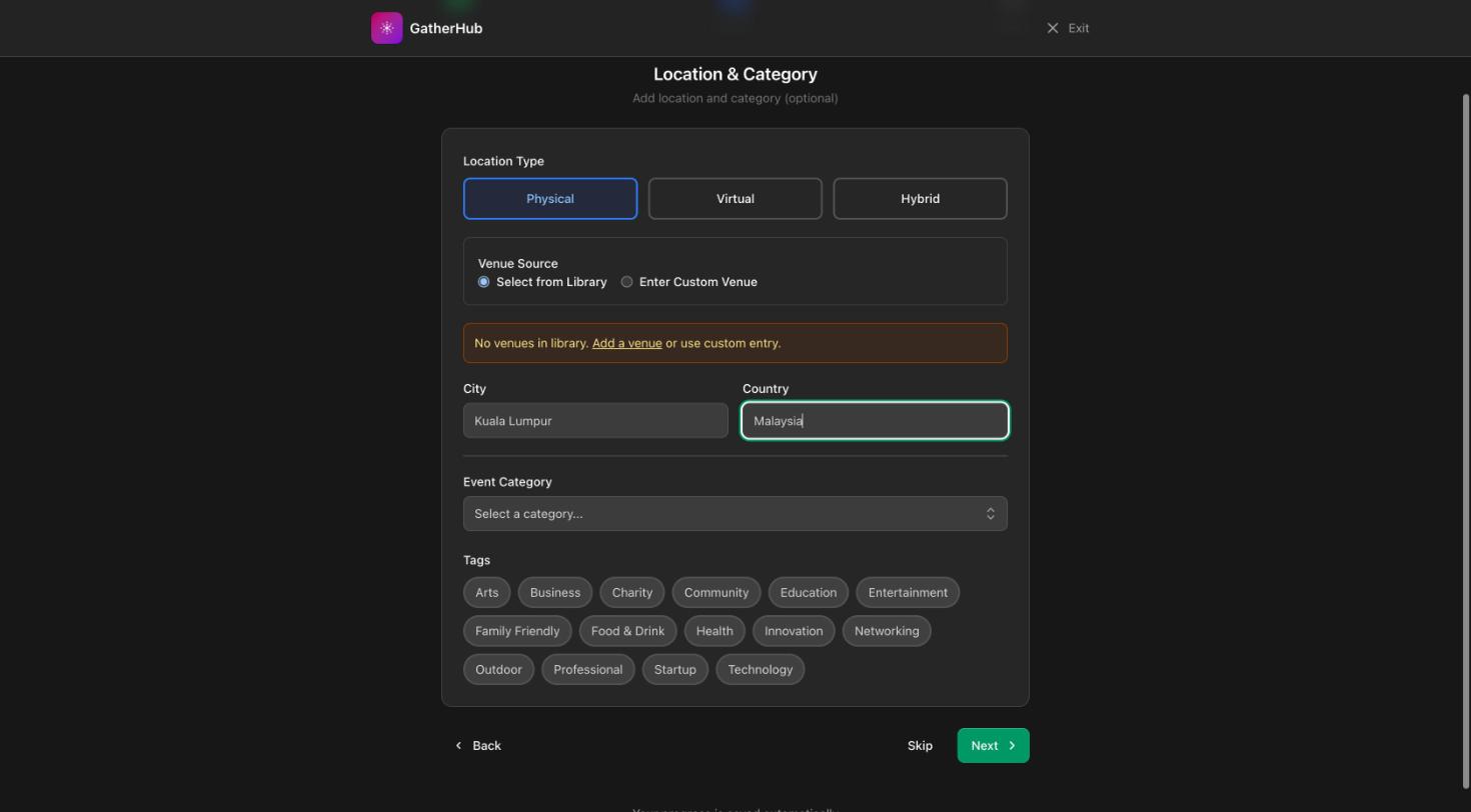 Event wizard step 2, Location and Category, with location type, venue, city, country, category and tags