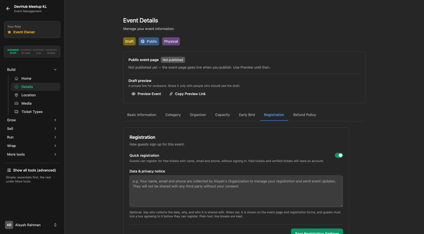 Event Details, Registration tab, with the Quick registration switch on and the data and privacy notice field