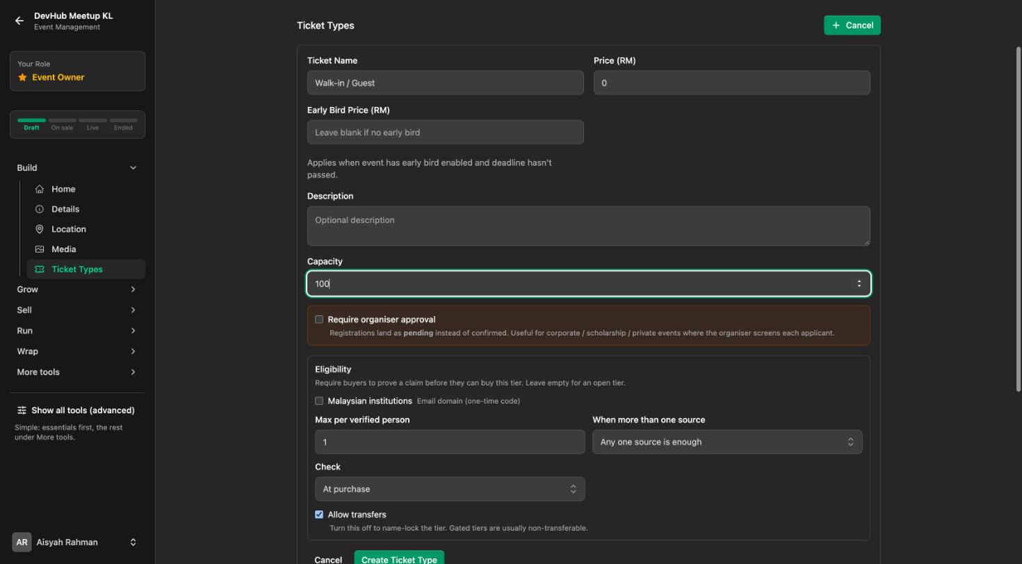 Add ticket type form with name Walk-in / Guest, price 0 and capacity