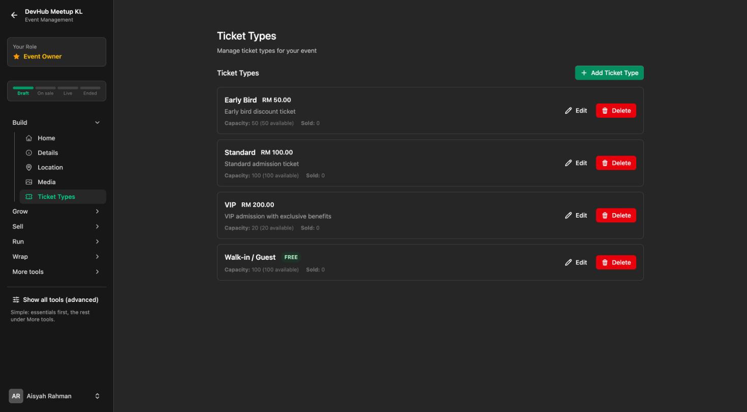 Ticket Types list with Early Bird, Standard, VIP and a free Walk-in / Guest ticket
