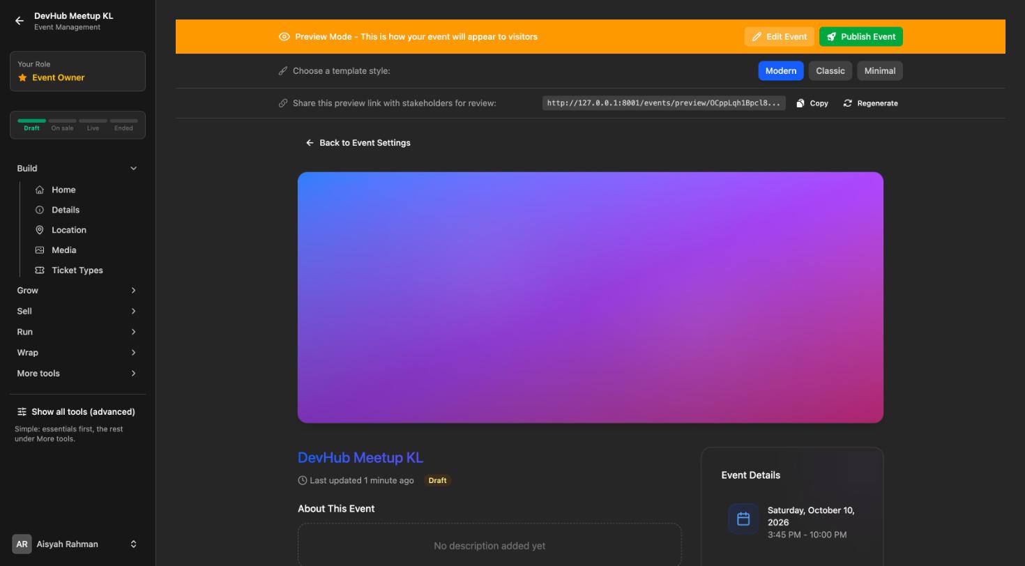 Preview mode banner with Edit Event and Publish Event buttons above the event page preview