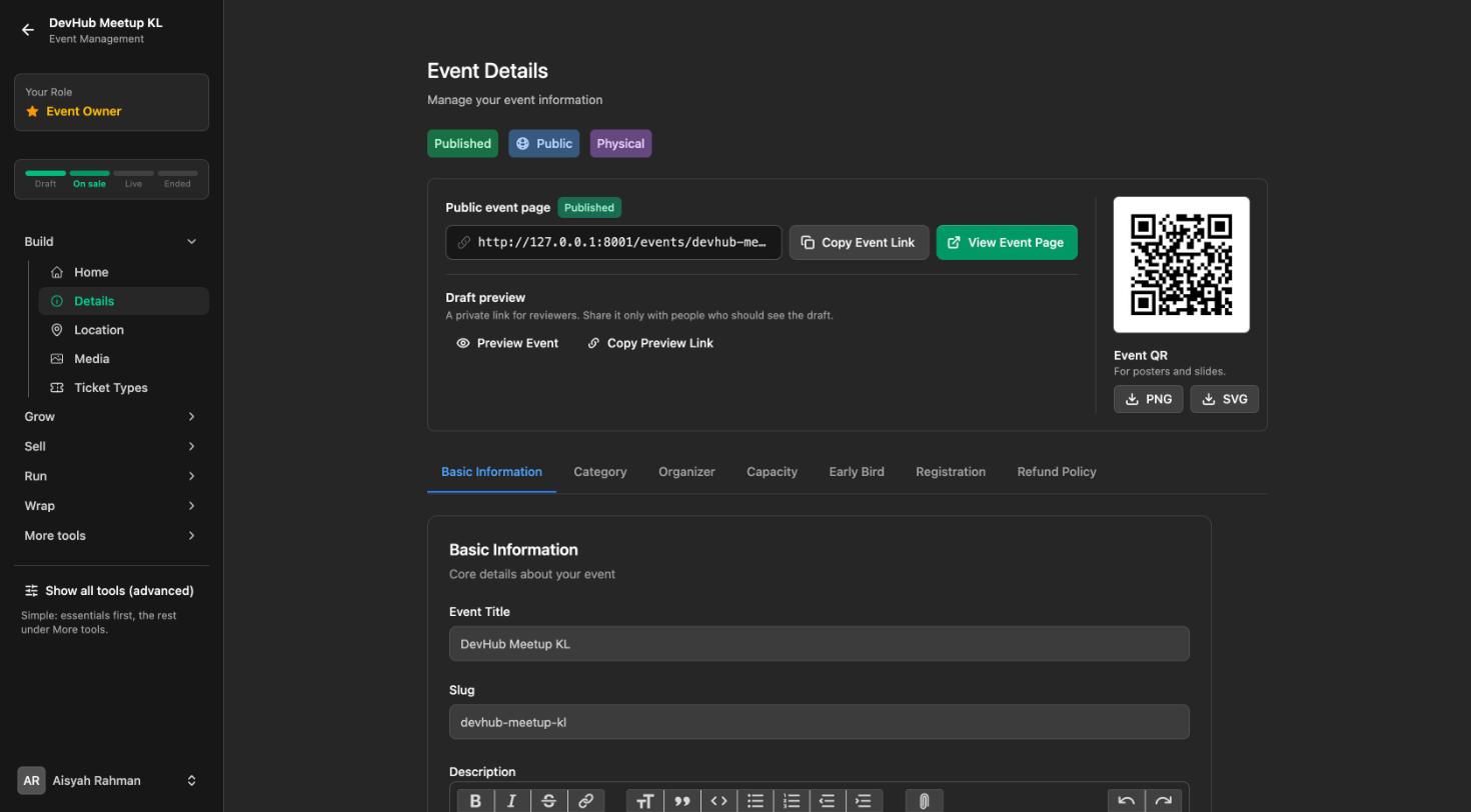 Event Details with the public event page link, Copy Event Link, View Event Page and the Event QR with PNG and SVG downloads
