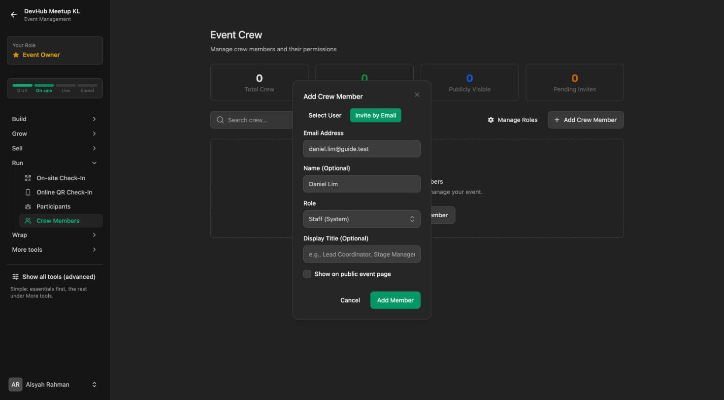 Add Crew Member dialog with Invite by Email selected, email, name and role fields