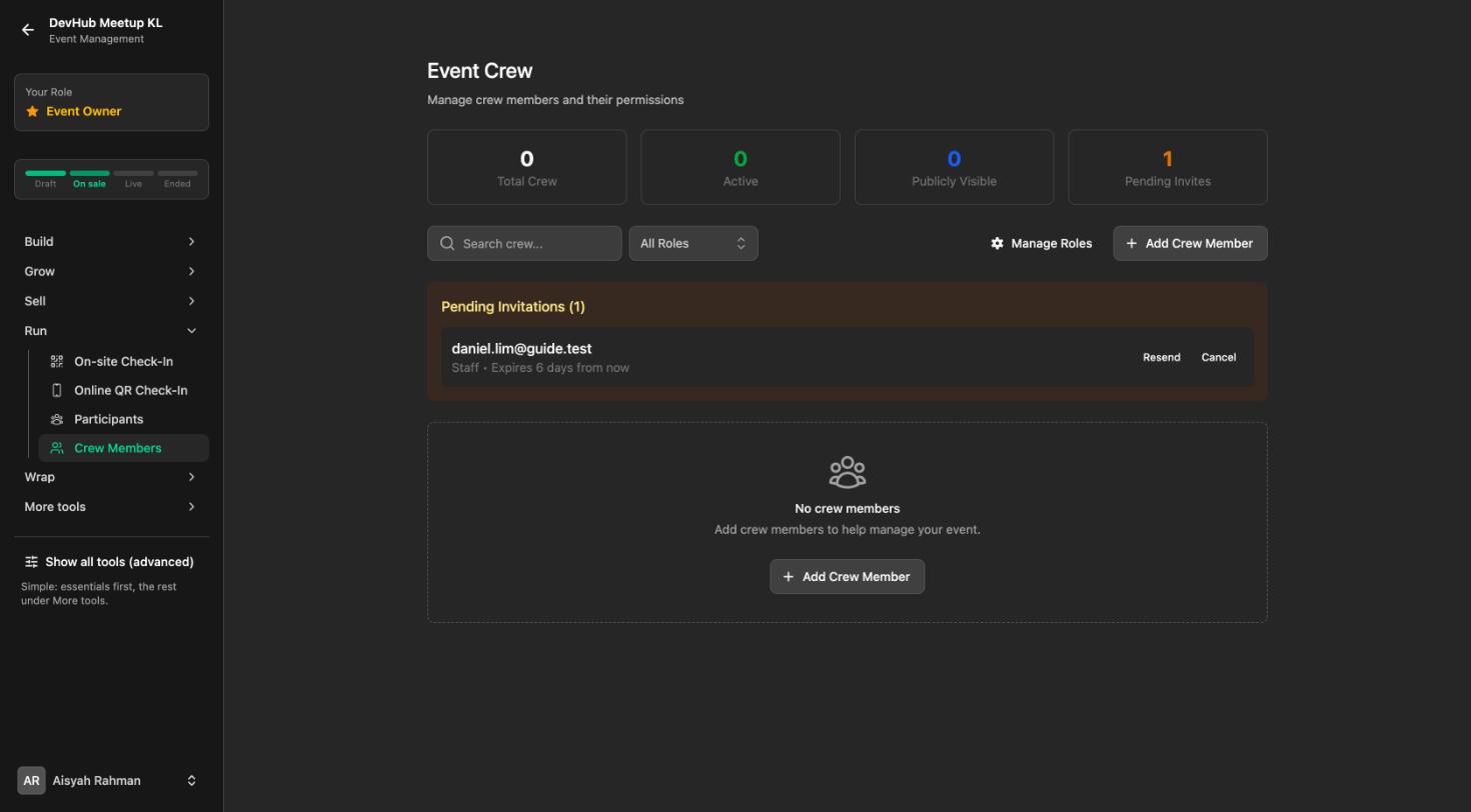 Event Crew page with one pending invitation, and Resend and Cancel buttons