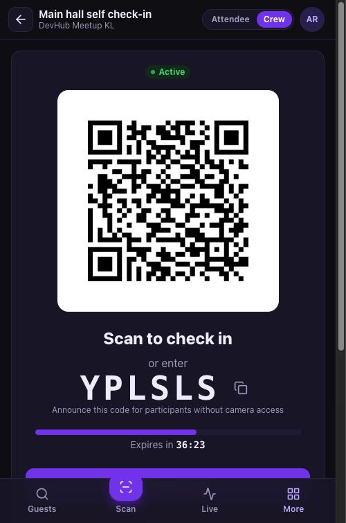 Online QR present view with an Active badge, the QR code, Scan to check in and the code YPLSLS