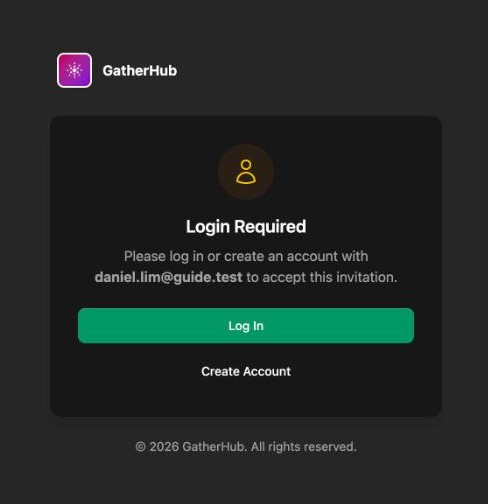 Login Required card asking to log in or create an account with the invited email