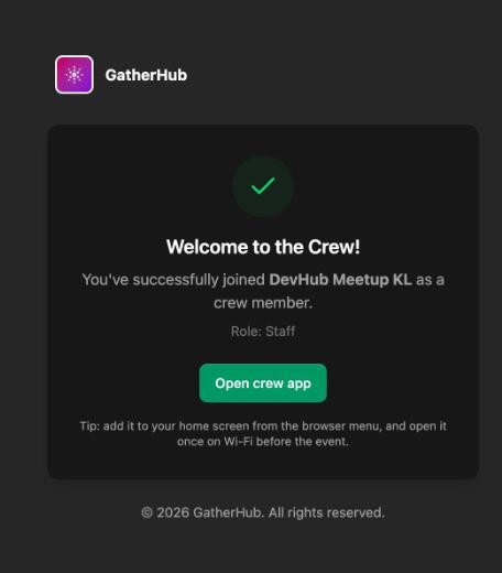Welcome to the Crew page with the role and the Open crew app button