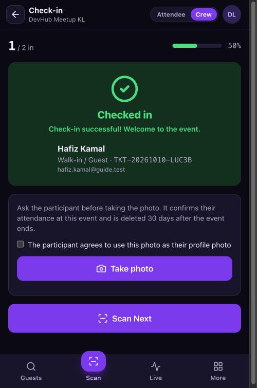 Green Checked in result with the participant's name, ticket type, ticket number and the Scan Next button