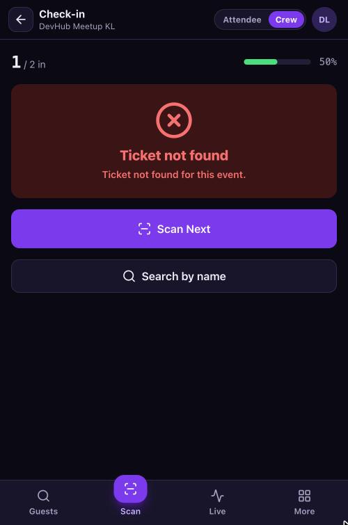 Red Ticket not found result with Scan Next and Search by name buttons