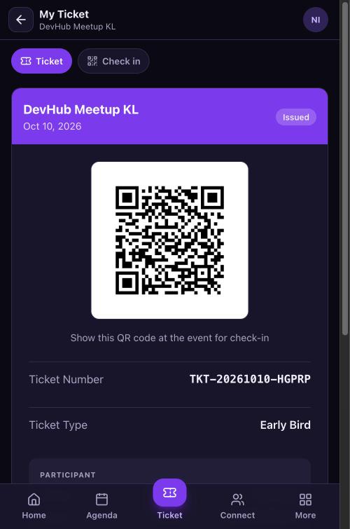 My Ticket screen in the attendee app with the QR code, ticket number and ticket type