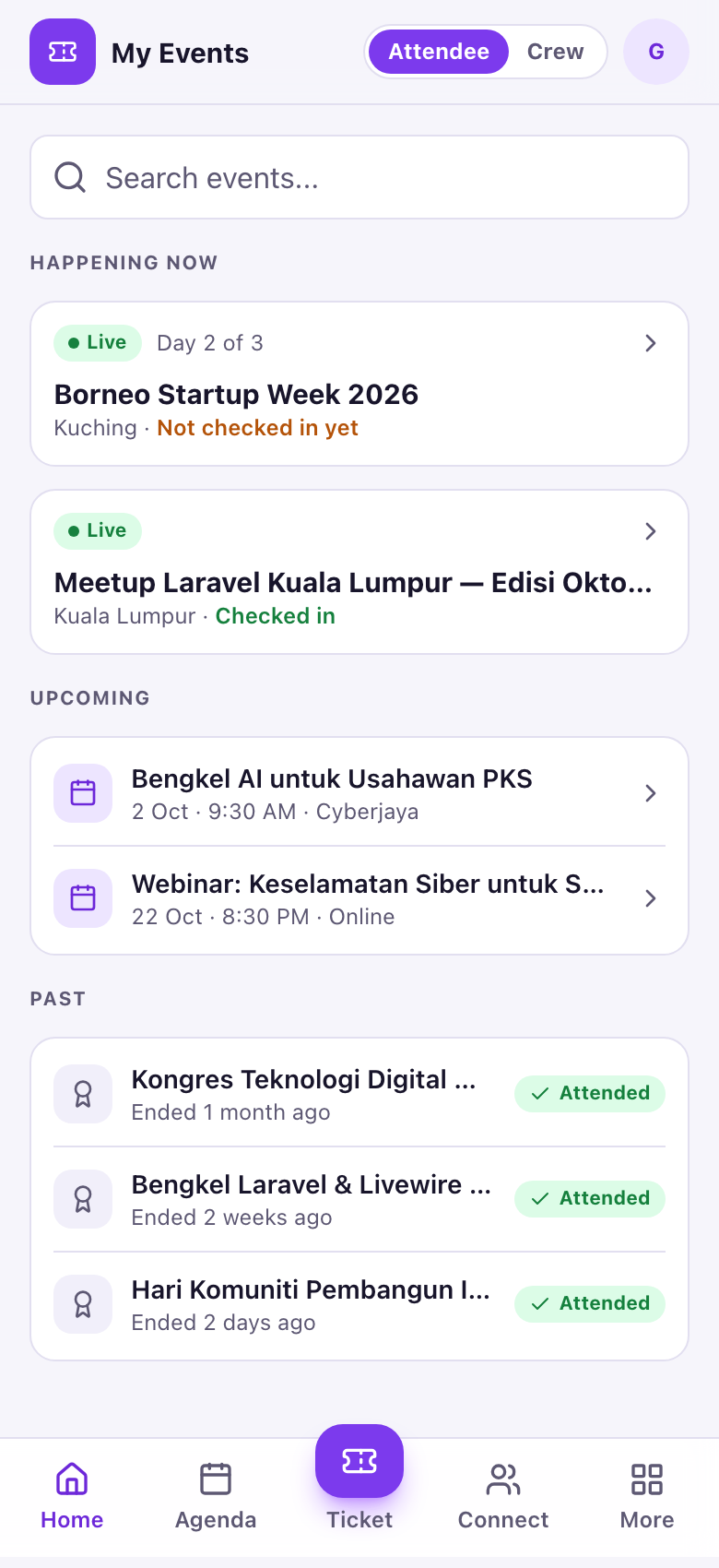 My events screen listing happening now, upcoming and past events