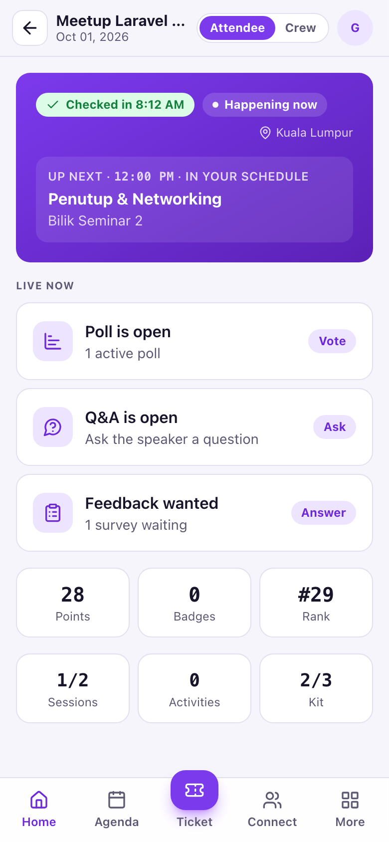 Home Today screen showing checked in time, up next session, live poll, Q&A and survey cards, and stats