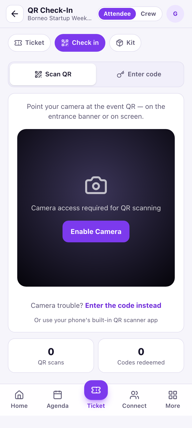 Check in screen with Scan QR and Enter code options and a camera prompt