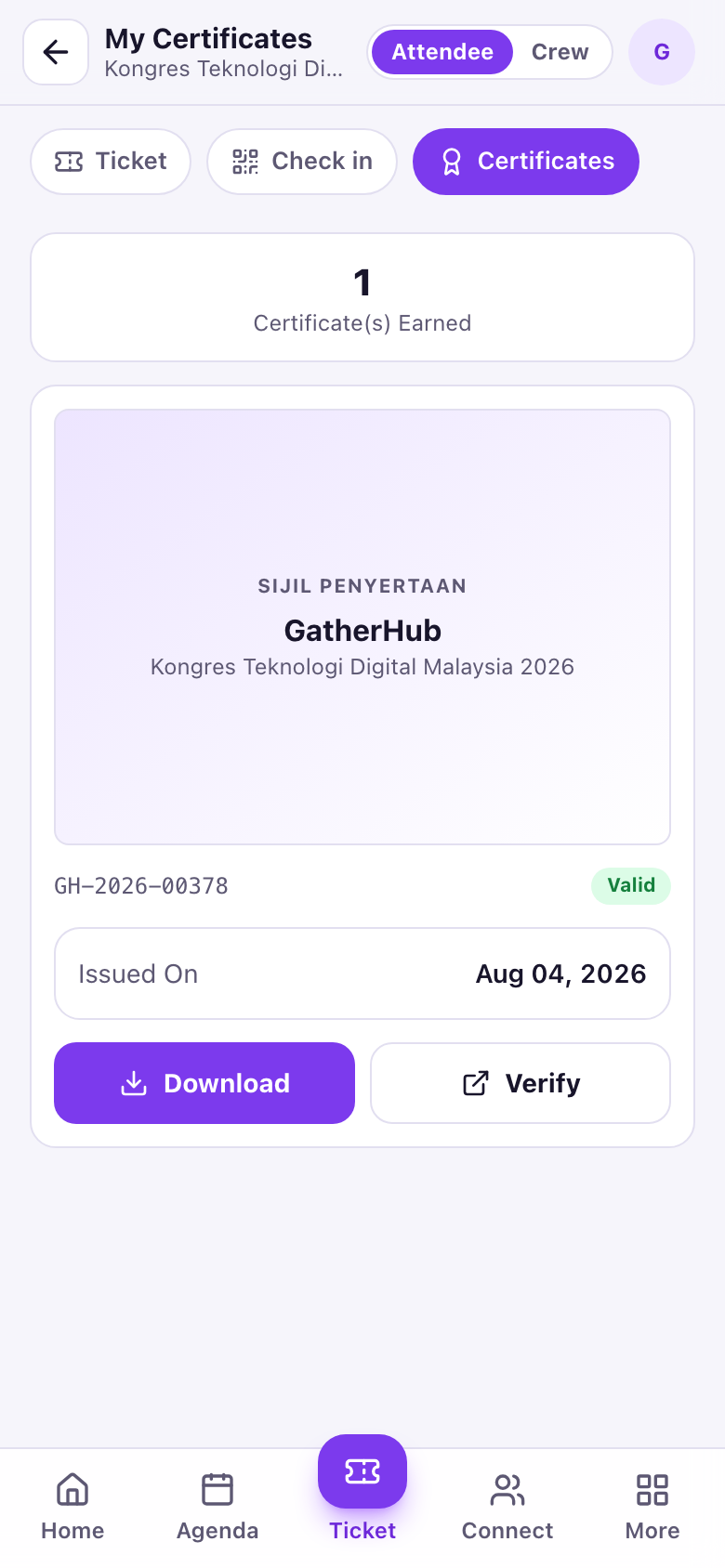 Certificates screen showing a valid certificate of participation with Download and Verify buttons
