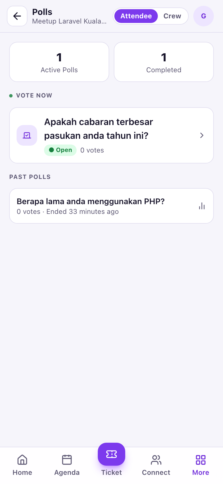 Polls screen with an active poll