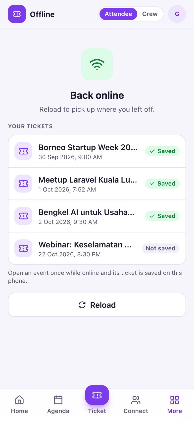 Attendee offline page listing tickets marked Saved or Not saved, with a Reload button