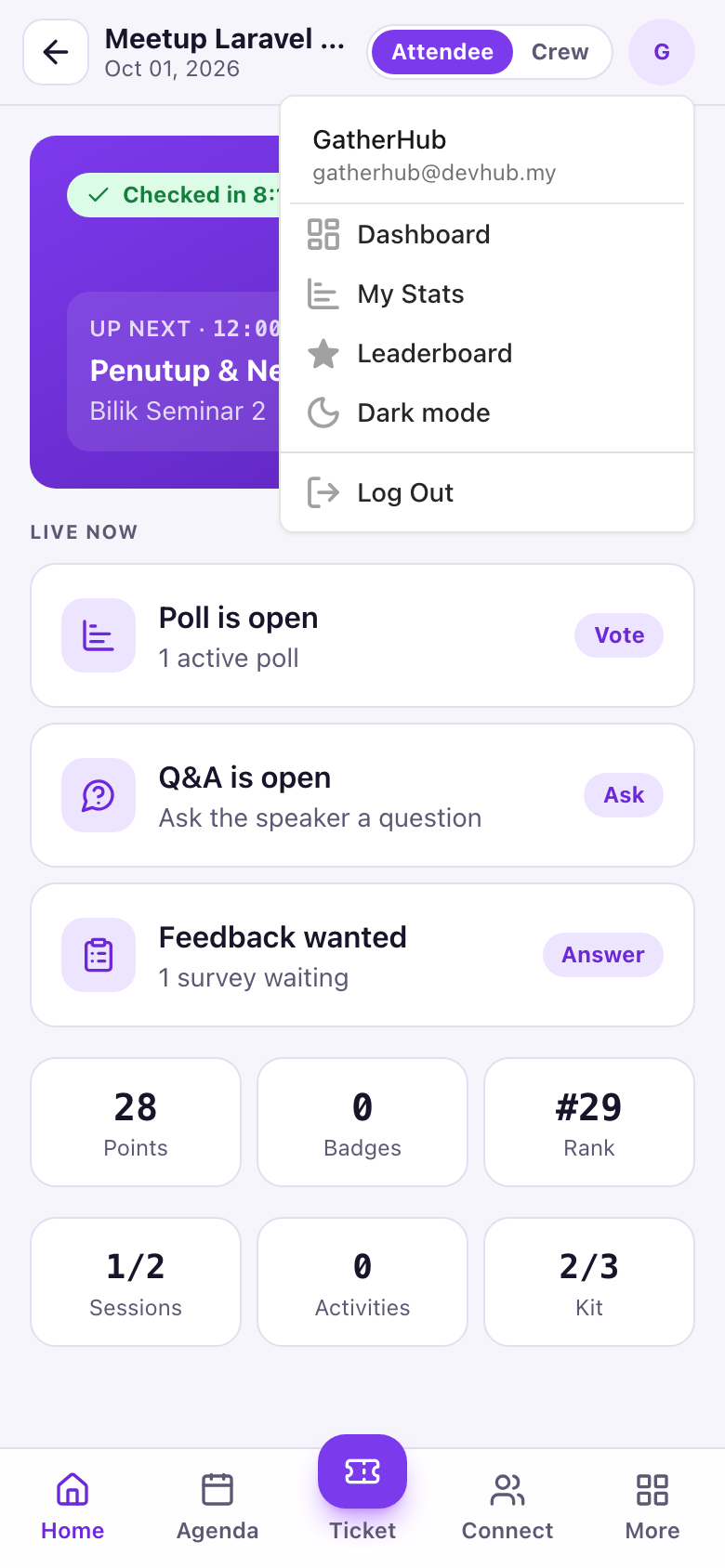 Attendee home screen with the avatar menu open, showing Dashboard, My Stats, Leaderboard, Dark mode and Log Out