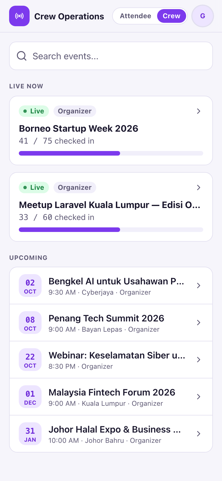 Crew event picker with a live event and its headcount