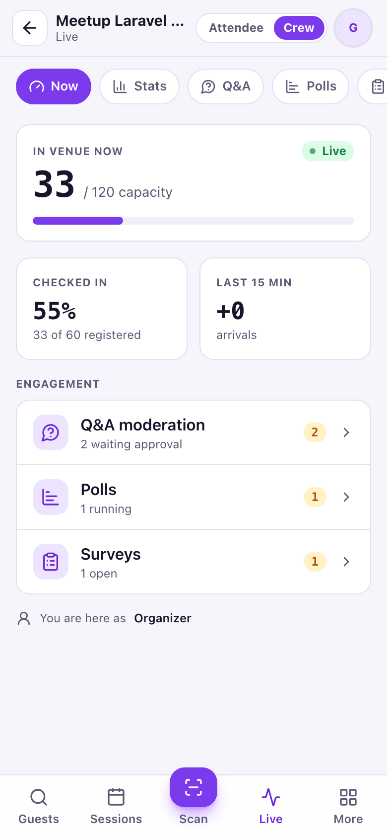 Live Now view with in-venue count, check-in percentage, recent arrivals and engagement list