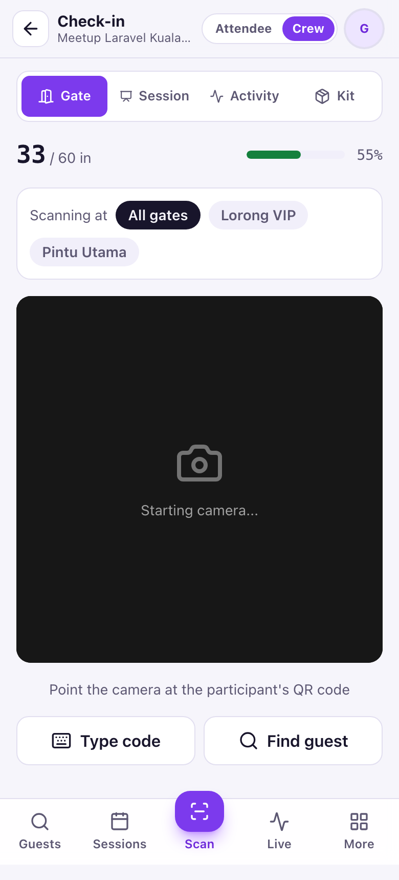 Gate scanner with a gate picker, check-in counter, camera view and Type code and Find guest buttons