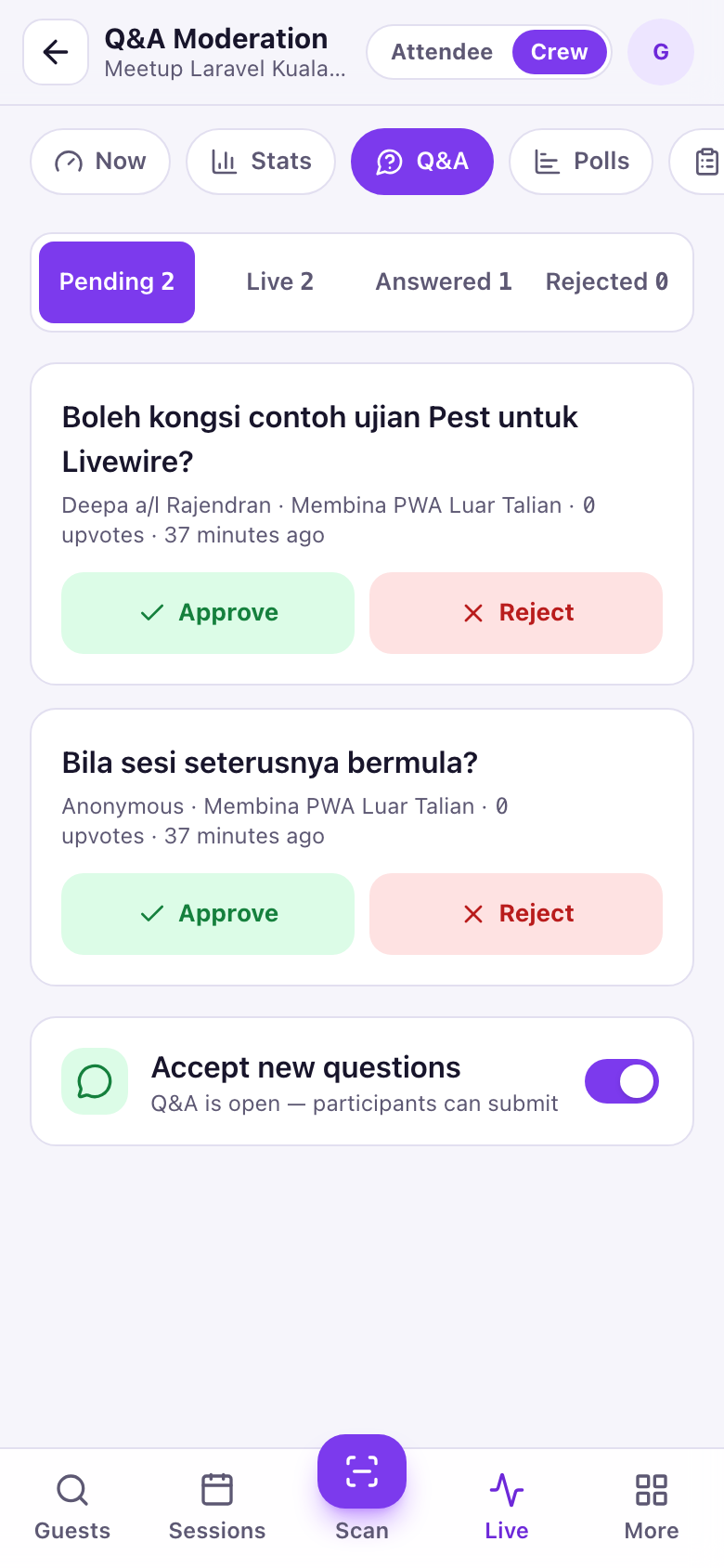 Q&A list with pending, live, answered and rejected filters