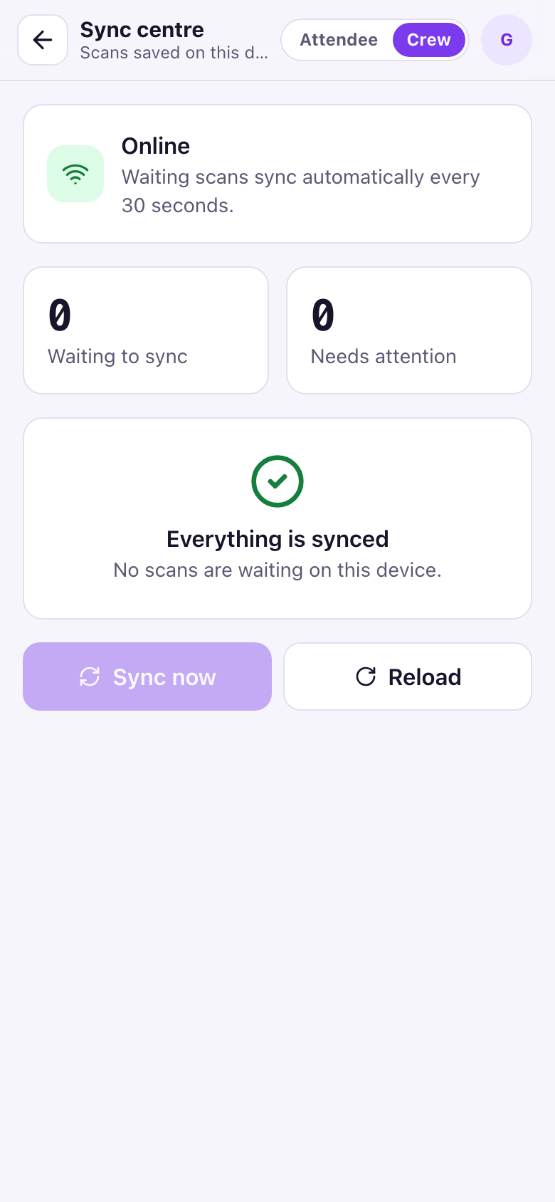 Sync centre showing online status, zero scans waiting to sync and zero needing attention